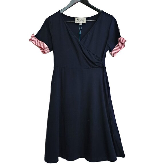 NWT ONZE MONTREAL Navy Blue & Red & White Striped Cuffs Dress Size Small - Picture 1 of 7